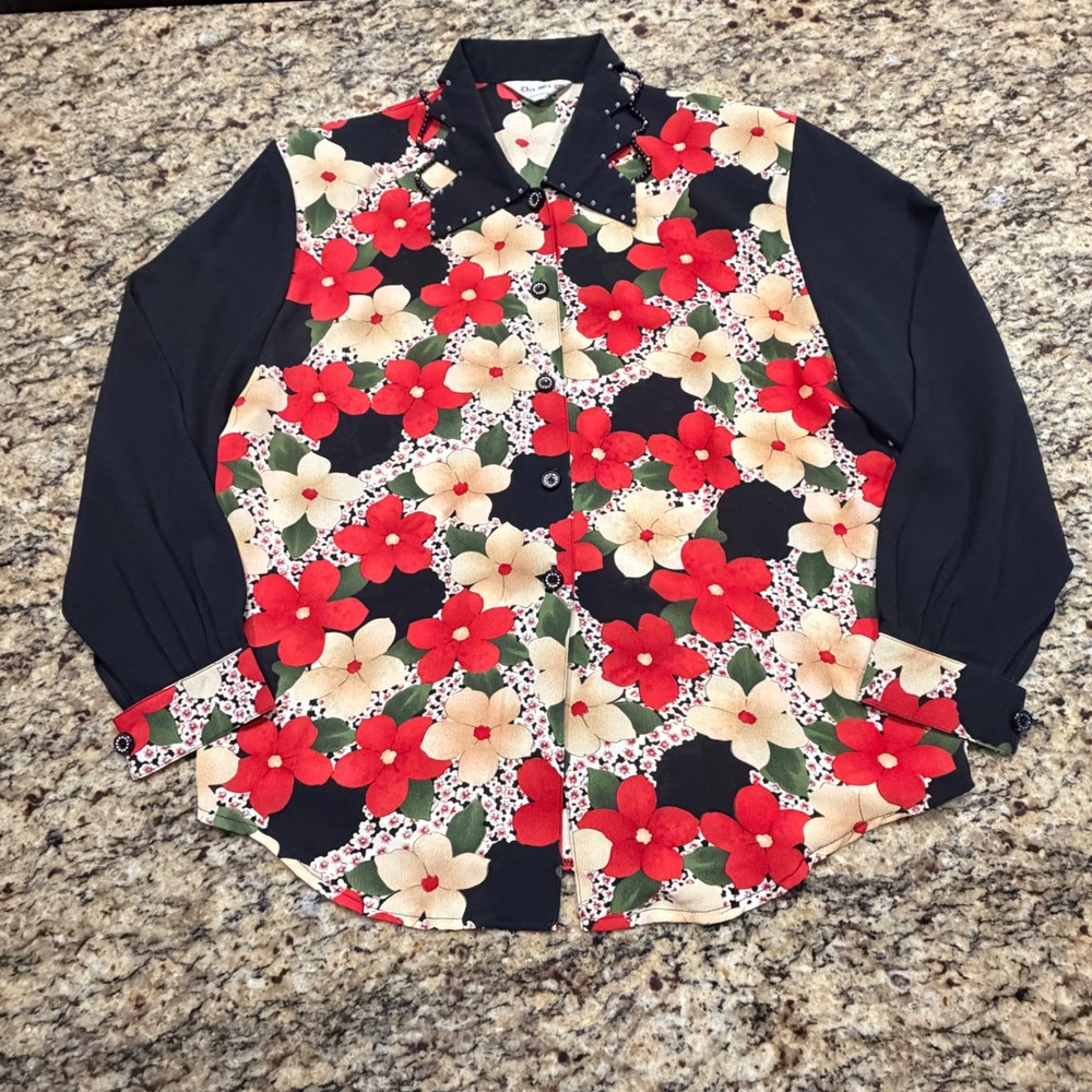 Vintage Da Si Ni Floral Button‎ Up Blouse Black Red Cotton Beaded Collar XL